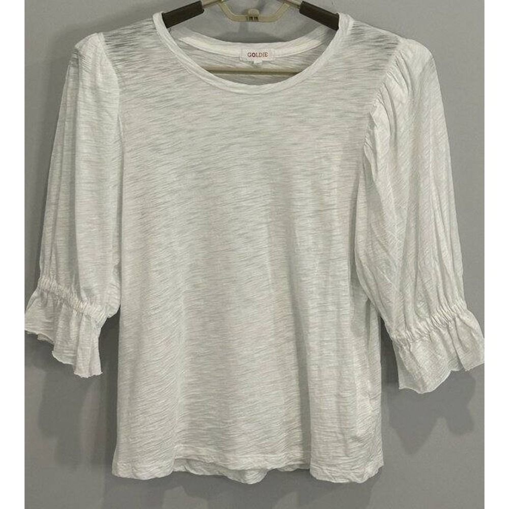 Goldie Womens 3/4 Gathered Sleeve White Pima Cotton Slub Shirt Size L